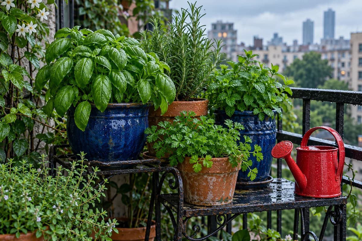 Herbs in blue and terracotta containers on a small urban balcony after rain.