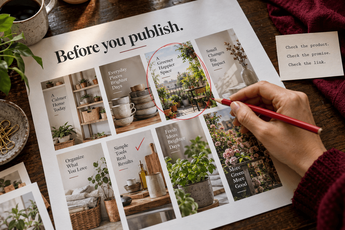 An editor uses a red pencil to review photographic Pinterest creative proofs beside a product, promise, and link checklist.