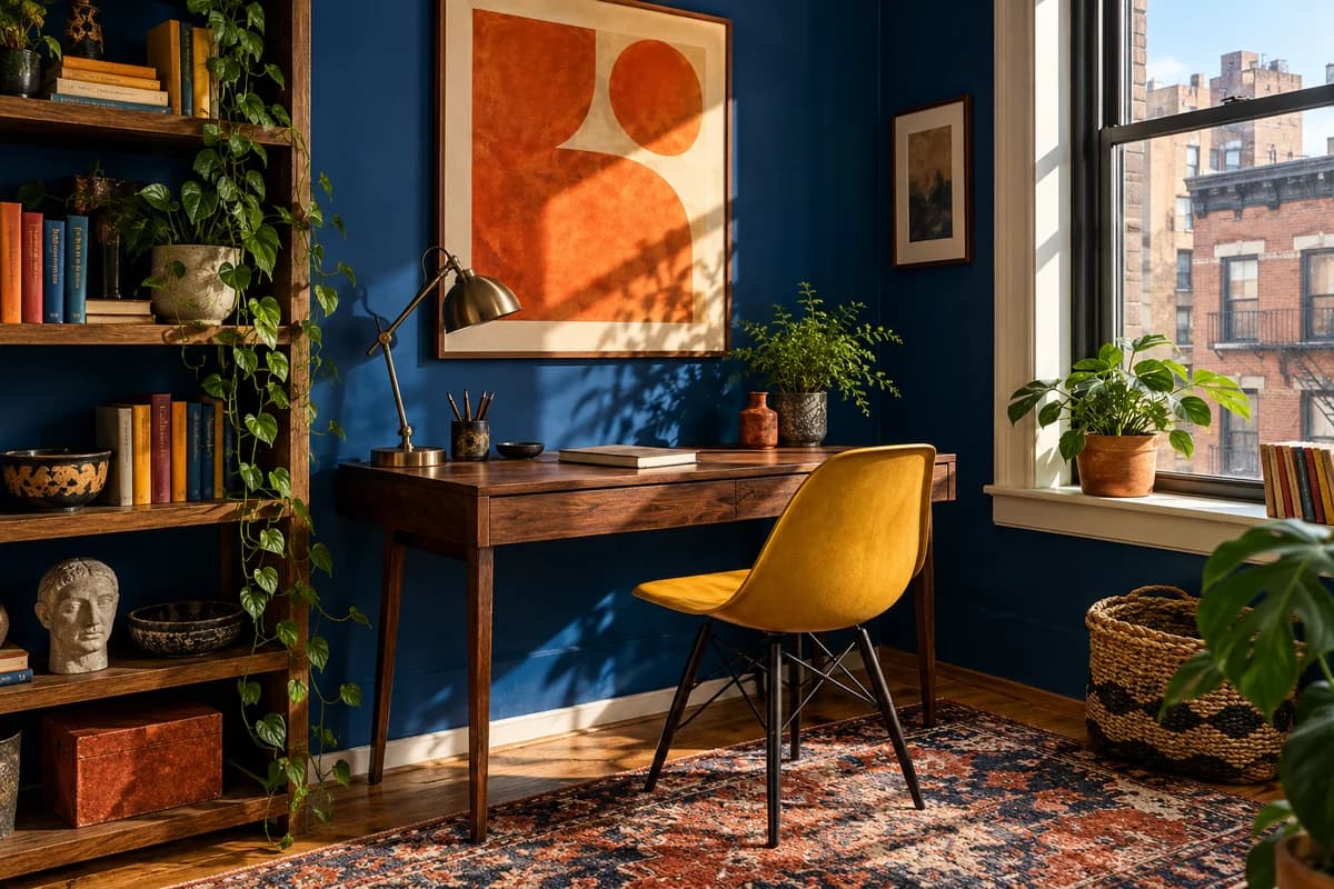 A compact creative studio with a cobalt wall, walnut desk, and mustard chair.