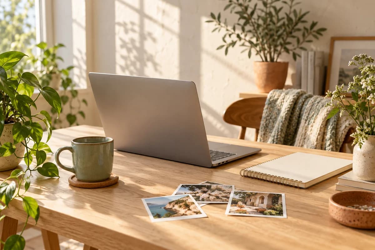 A sunlit creative workspace with a laptop, notebook, and sage green mug.