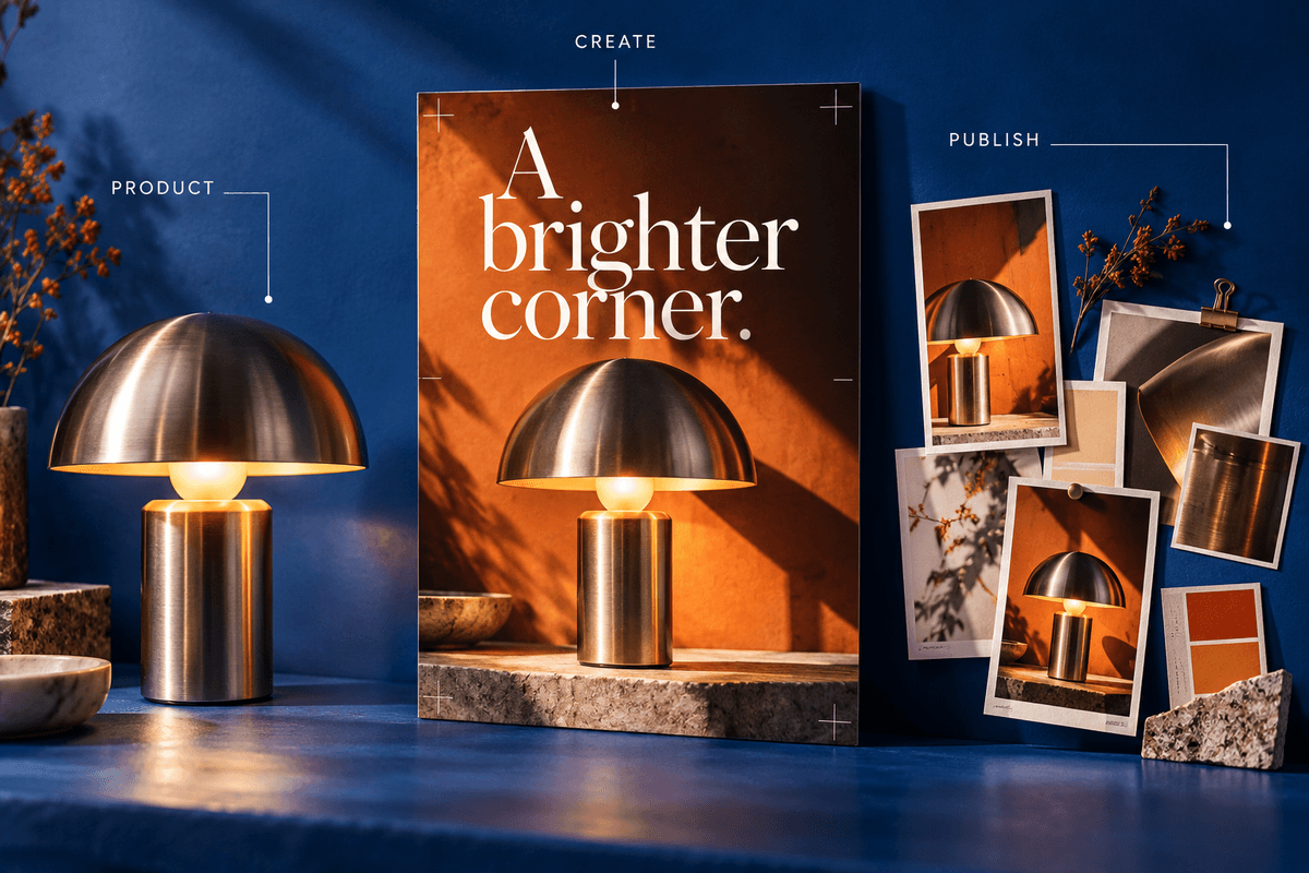 Editorial product-to-Pin campaign: a metal lamp, a finished photographic Pin, and coordinated creative proofs on a blue backdrop.