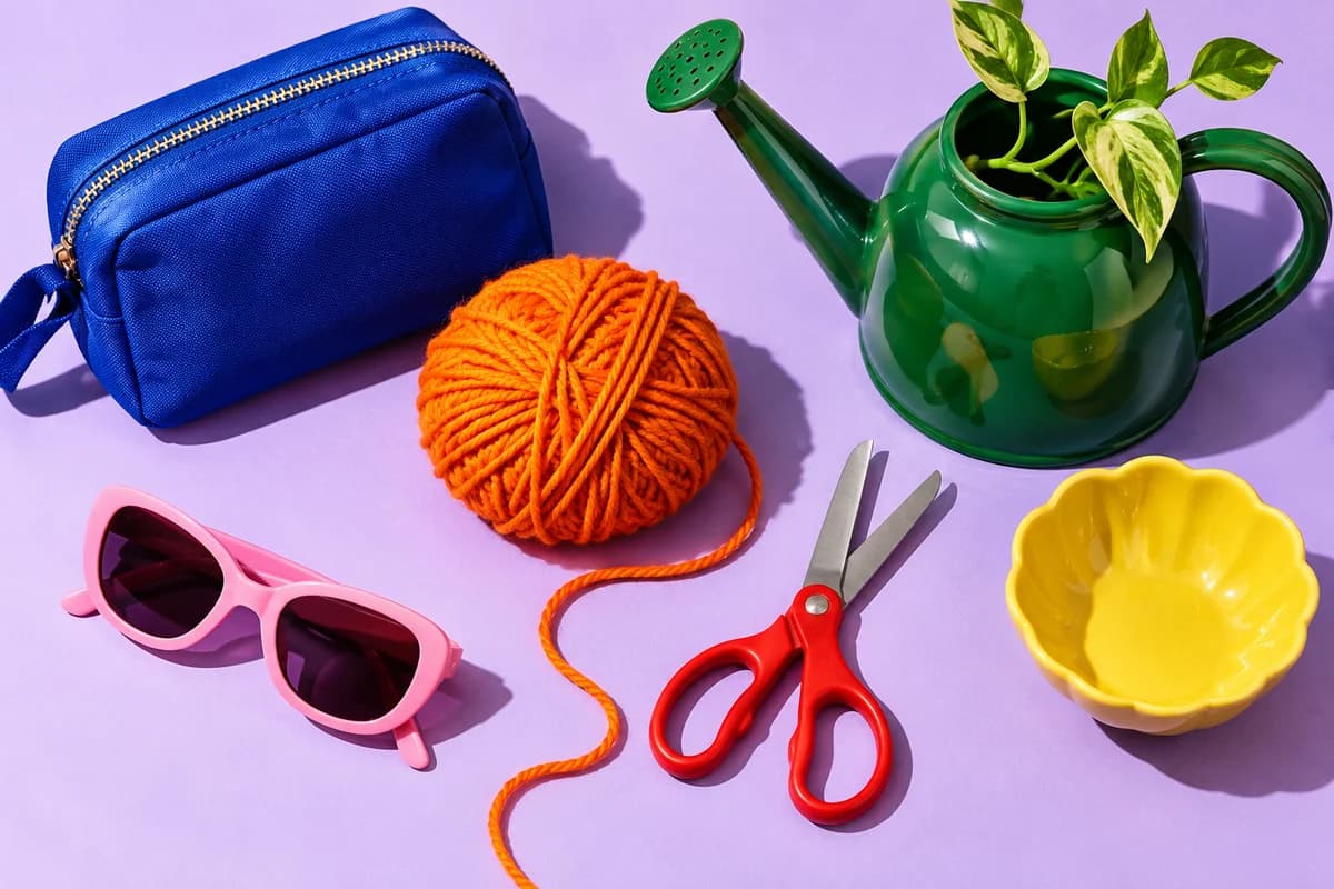 A colorful still life of travel, gardening, and craft objects on a lilac backdrop.