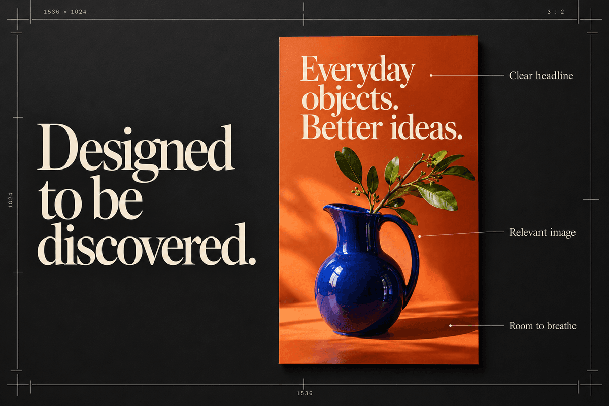 A photographic cobalt pitcher Pin on a charcoal design board, with precise annotations for its headline, image, and spacing.