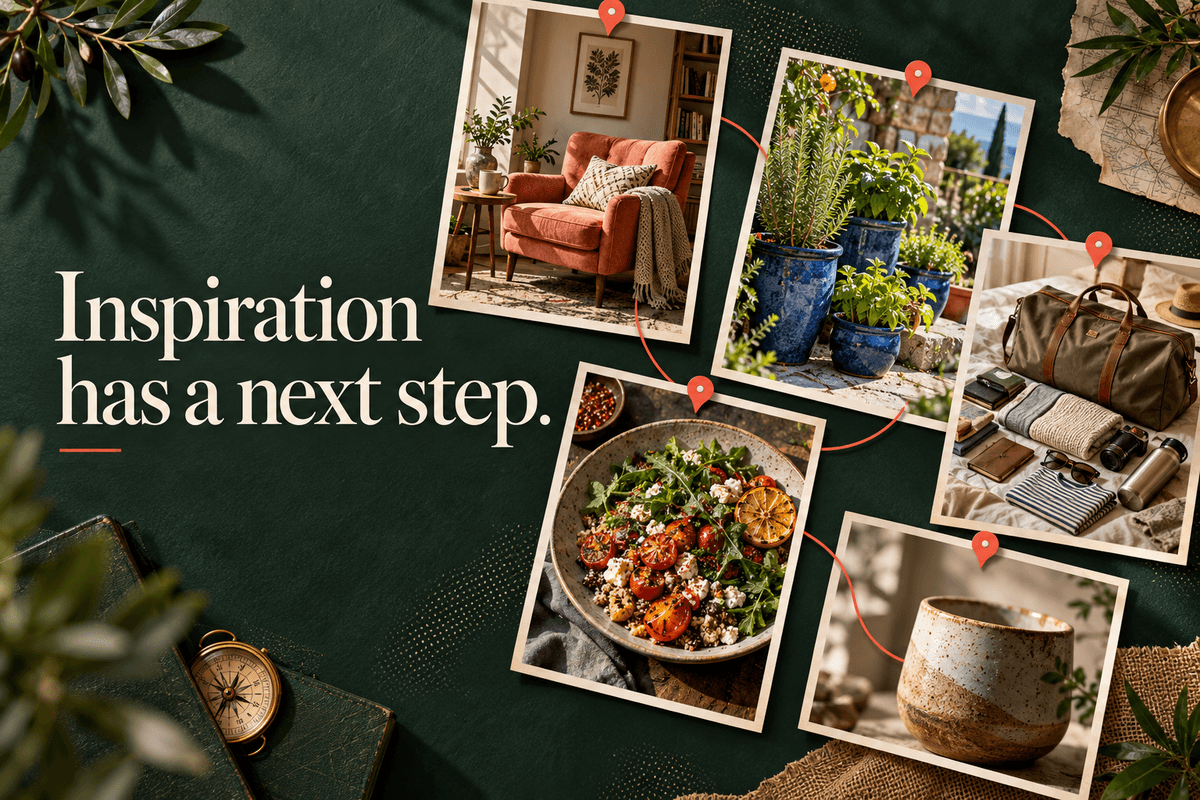 A photographic discovery board connects home, gardening, food, and travel ideas against a deep green background.