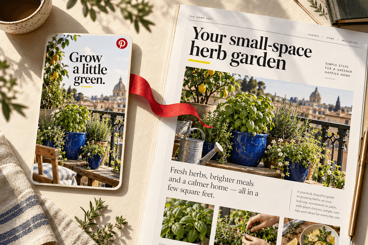 A photographic garden Pin connects by a red ribbon to a matching garden article, illustrating the journey from Pinterest to a blog.