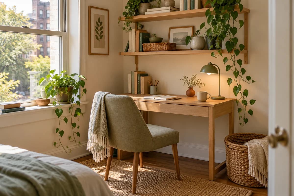 An illustrative compact apartment workspace with practical shelving and a small desk.