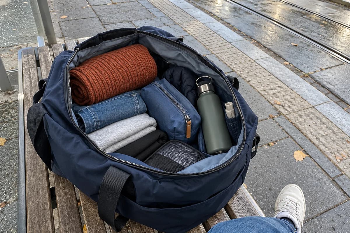 An open weekender bag with rolled clothing and a zip pouch on an outdoor transit-stop bench.