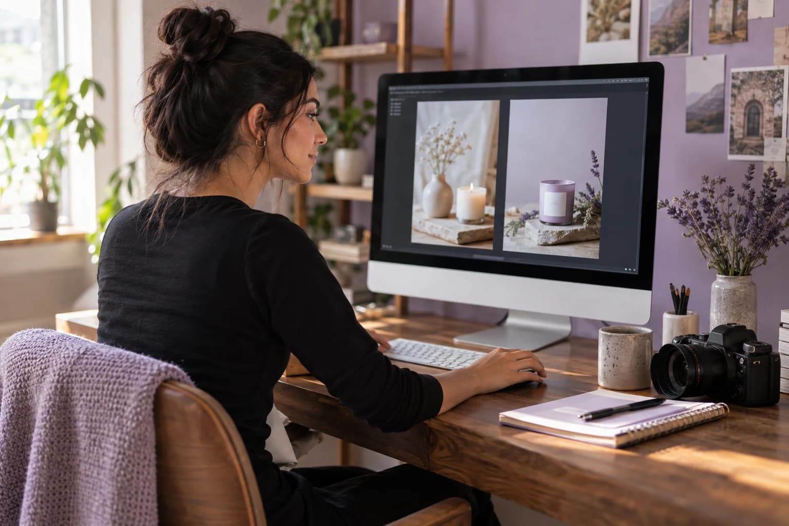 A social media creator working on product images at her desk.