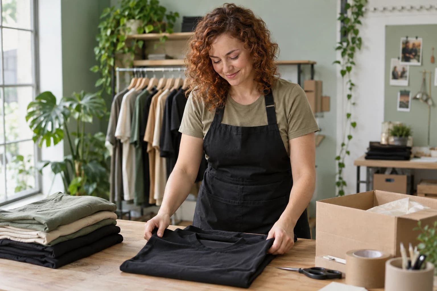 An independent seller preparing clothing orders in her studio.
