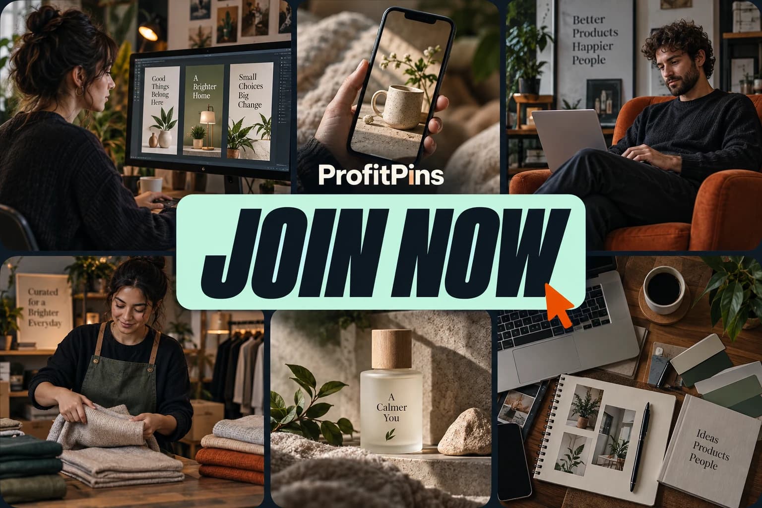 ProfitPins Join Now graphic over a collage of creators and their work.