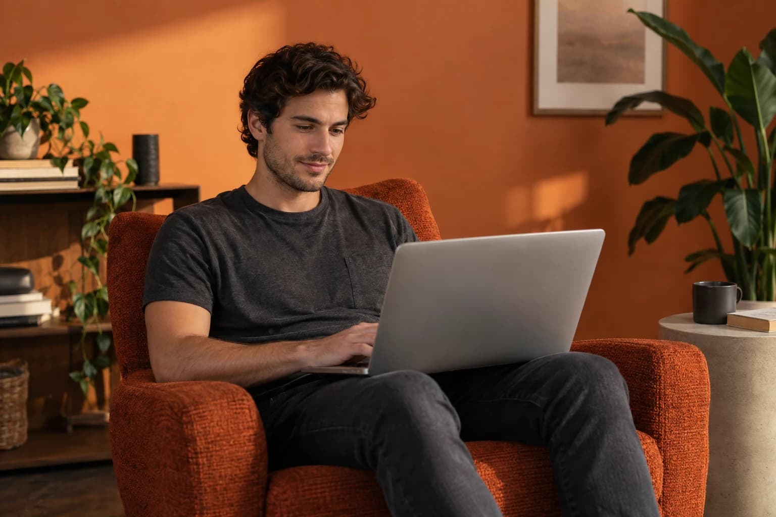 A writer working on a laptop in an orange lounge chair.